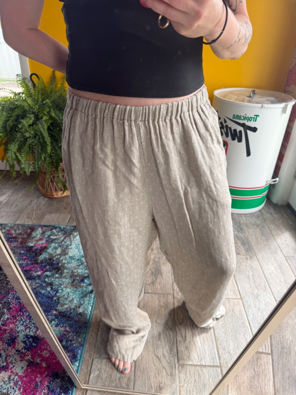 Flax 100% linen Beige Polka Dot Pants size 16